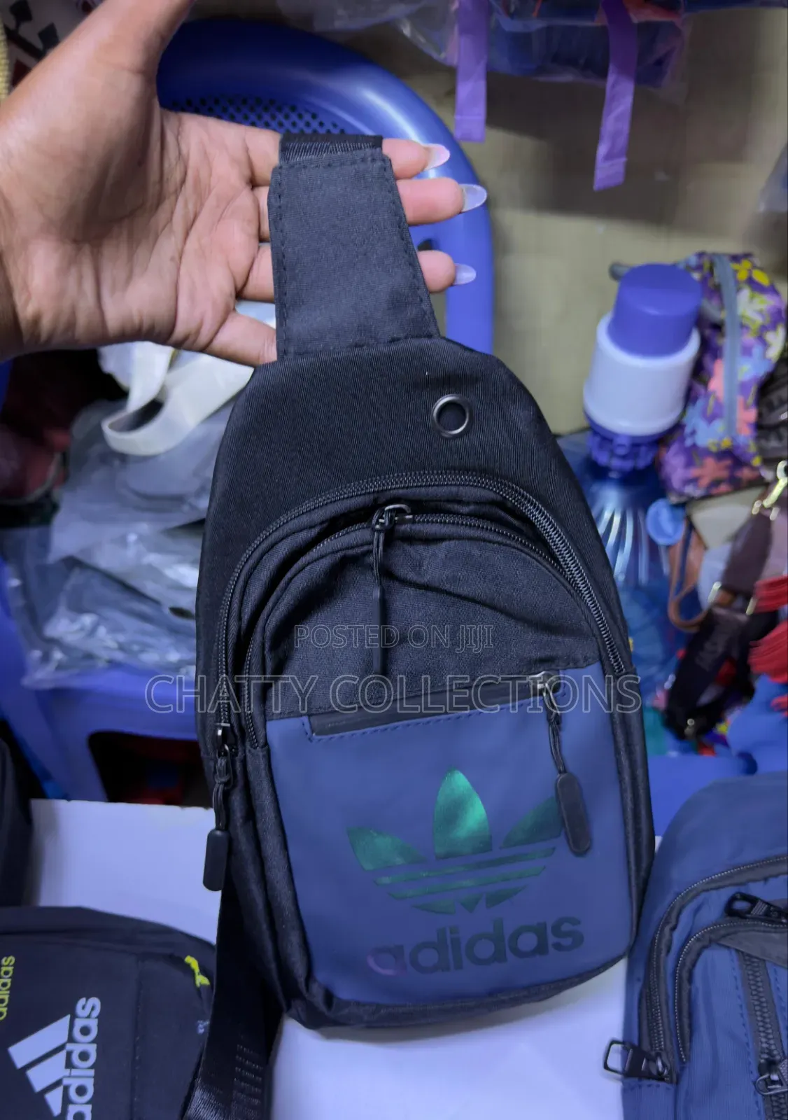 Black With Navy Blue Adidas Unisex Shoulder Crossbody Sling Chest Bags