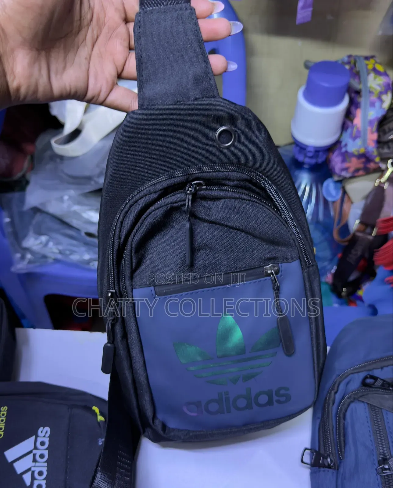Black With Navy Blue Adidas Unisex Shoulder Crossbody Sling Chest Bags