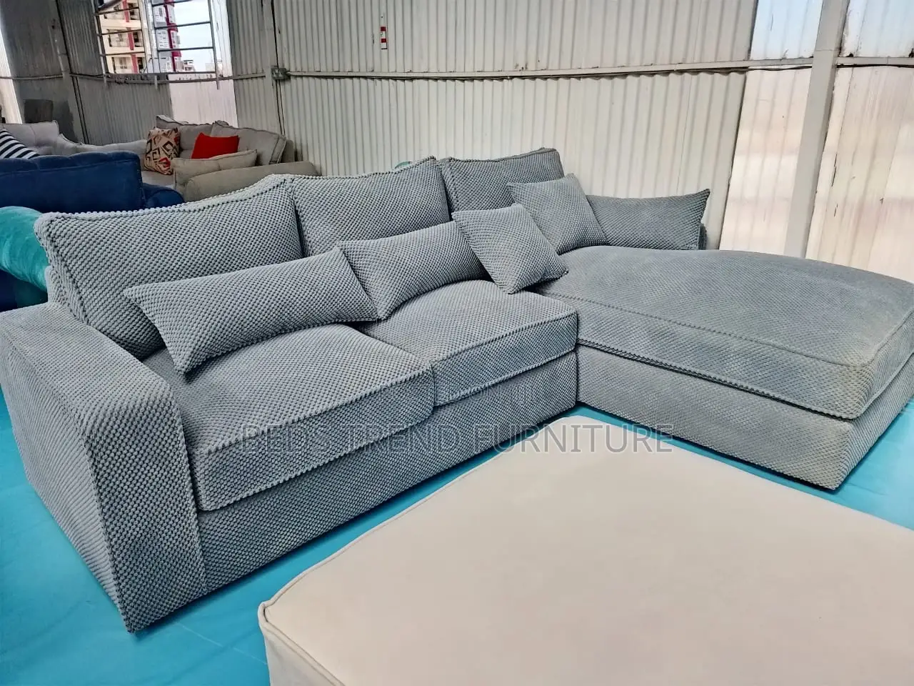 6 Seater Grey L Seat Bubble Fabric Sofa