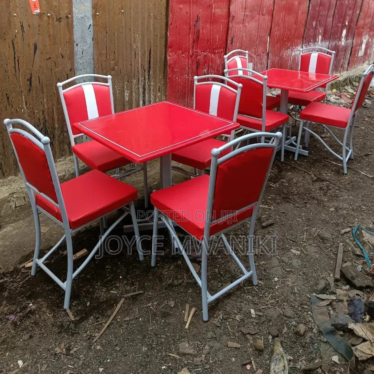 Restaurant Set, Powder Coated Frame, Red and White Chairs