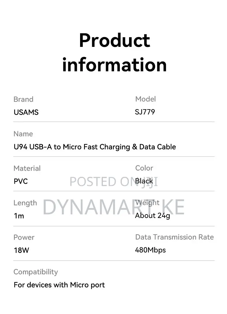 Usams 18w 1m Usb-a to Micro Fast Charging Data Cable