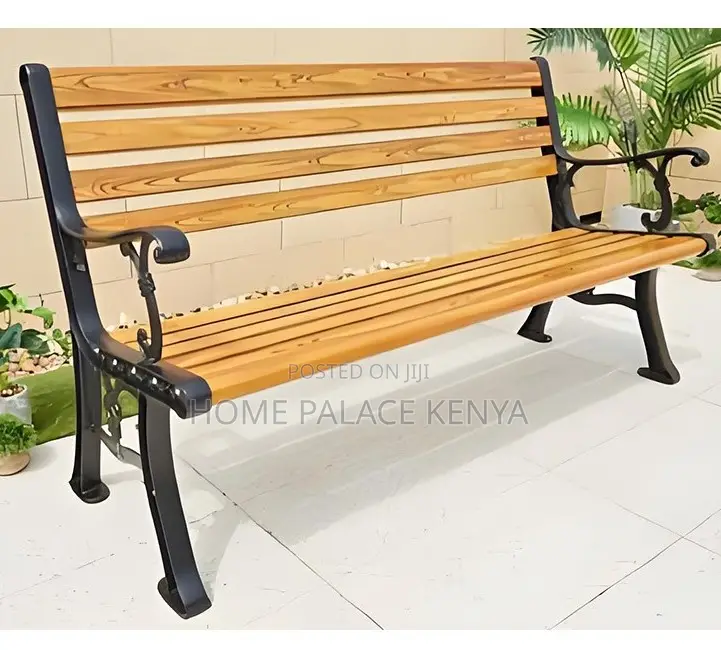 Outdoor Bench: Solid Wood Metal Frame Long Garden Bench