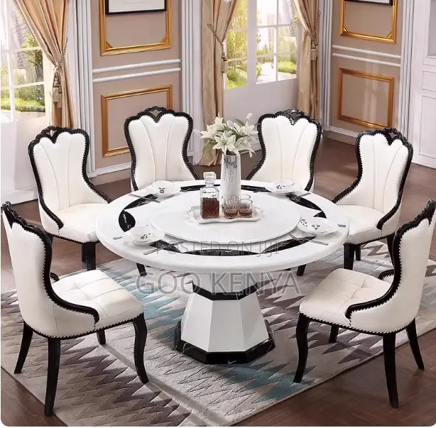 Dining Set; High-End Round Iced Marble Dining Table Set for 6 People