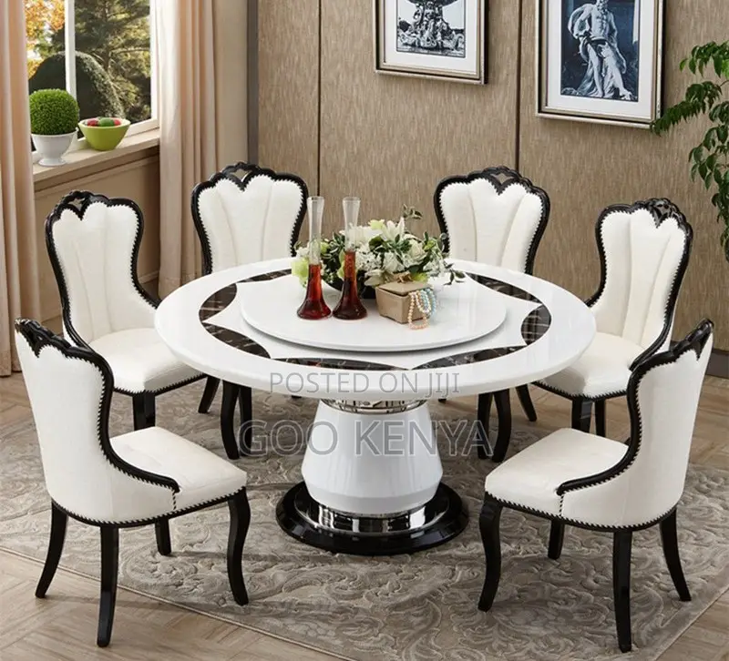 Dining Set; High-End Round Iced Marble Dining Table Set for 6 People