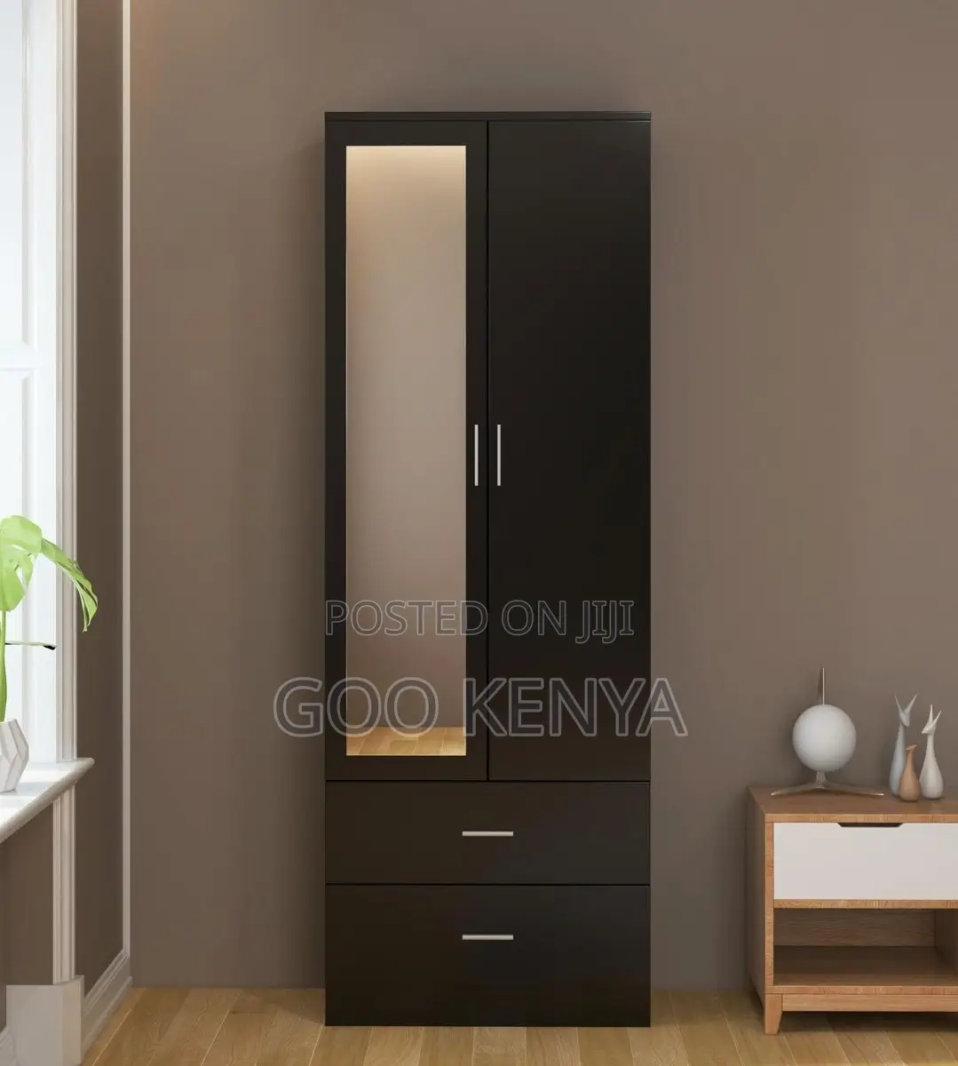 Home Wardrobe; Wooden Closet With Mirror Doors for Elegant Bedroom