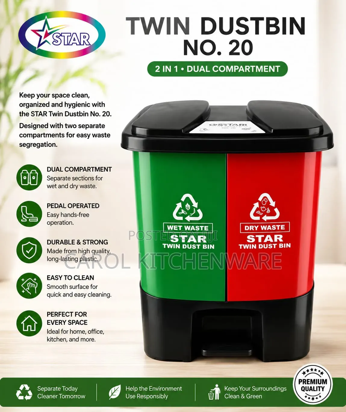 20 LTR 2 in 1 Double Compartment Dustbin/ Dustbin