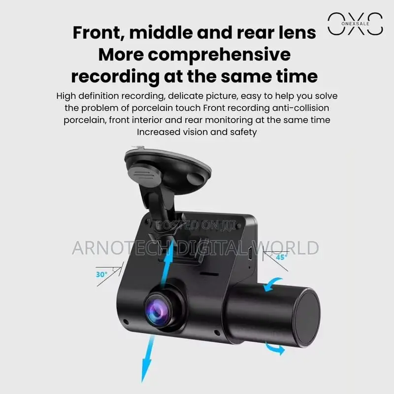Car Dash Cam 1080p 3-Lens Front Interior Black Box