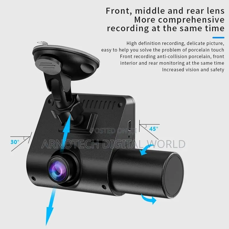 Car Dash Cam 1080p 3-Lens Front Interior Black Box