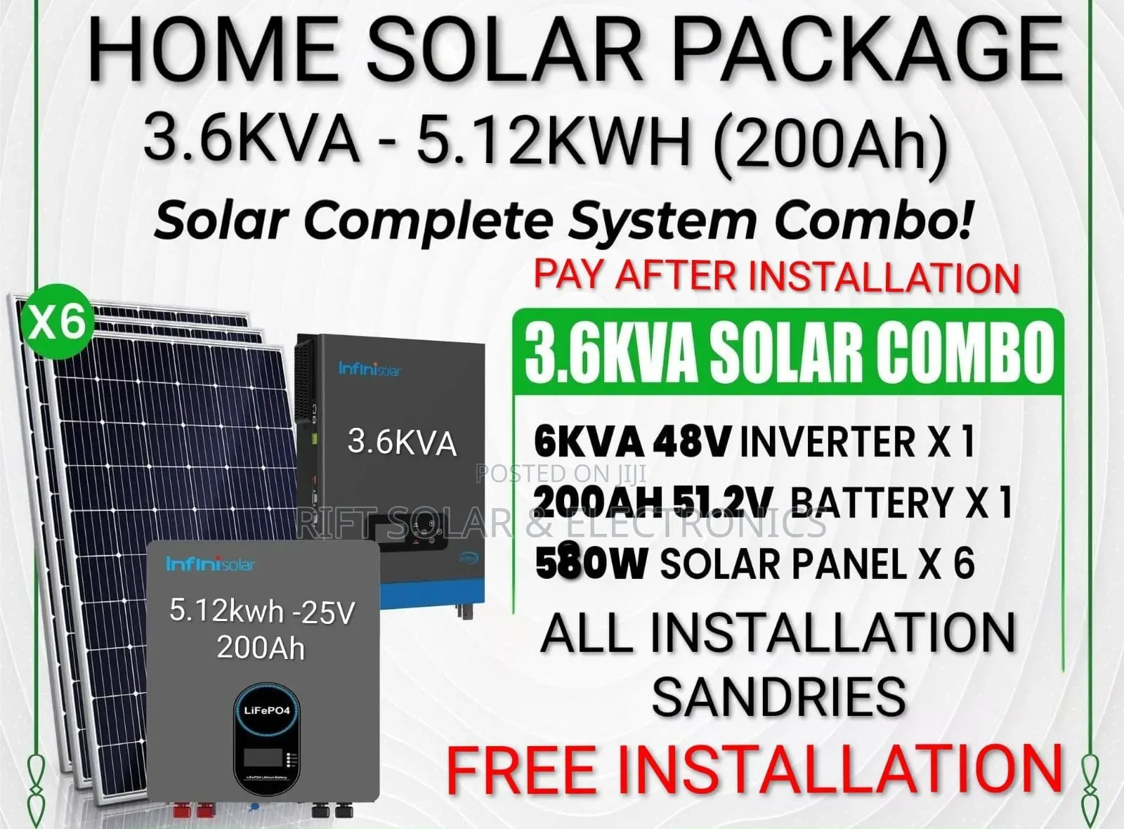 3.6kva Inverter - 5.12kwh (200ah) Lithium - (6)580w Solar Full Package