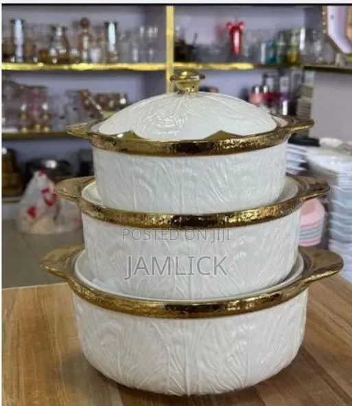 3pcs Large Ceramic Soup Pot Set – Gold White – Jf