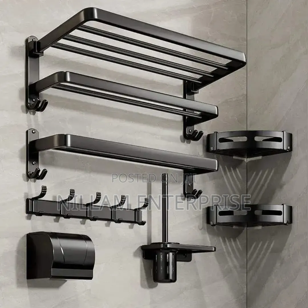 *7pcs Black Multifunctional Aluminum Bath Towel Storage Rack
