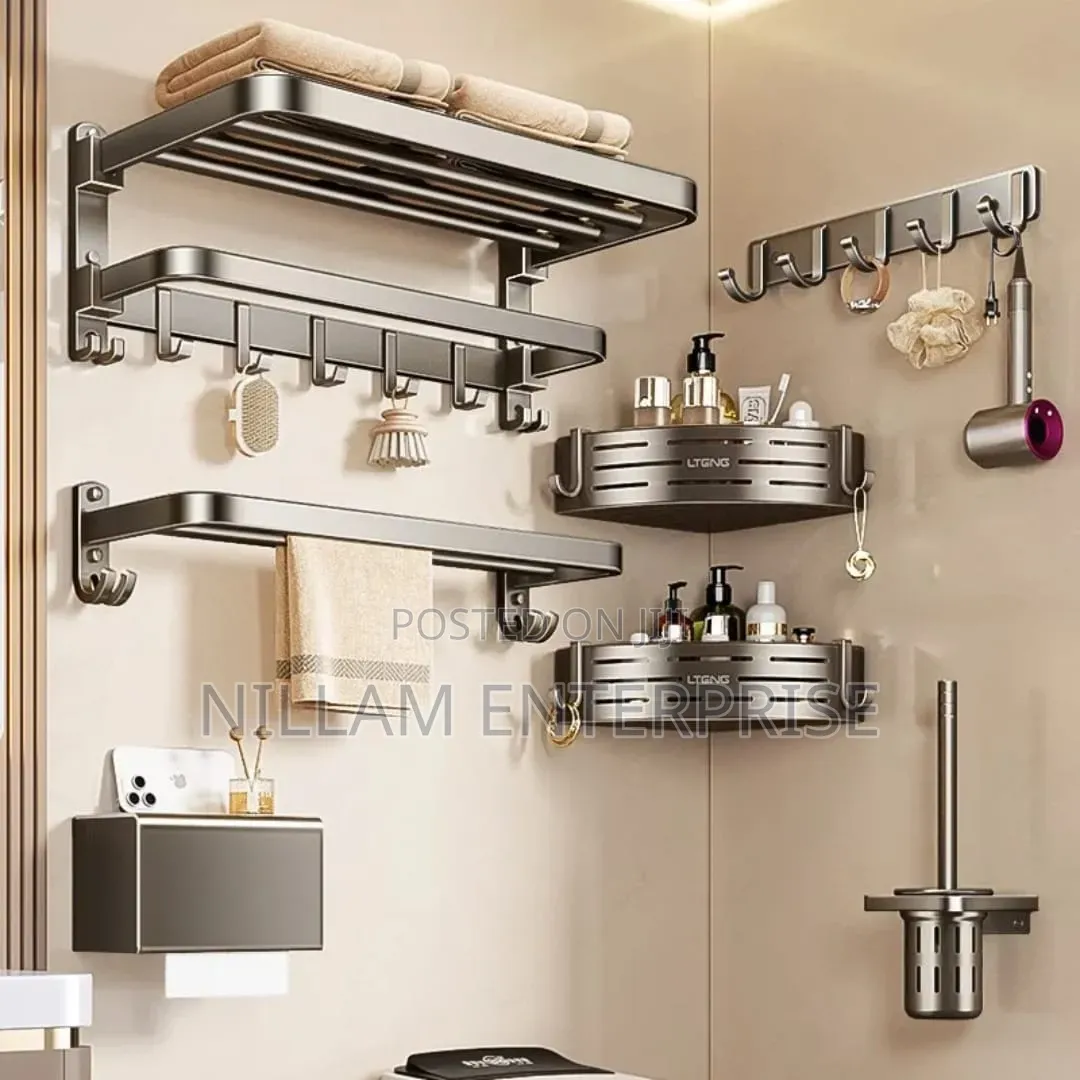 *7pcs Black Multifunctional Aluminum Bath Towel Storage Rack