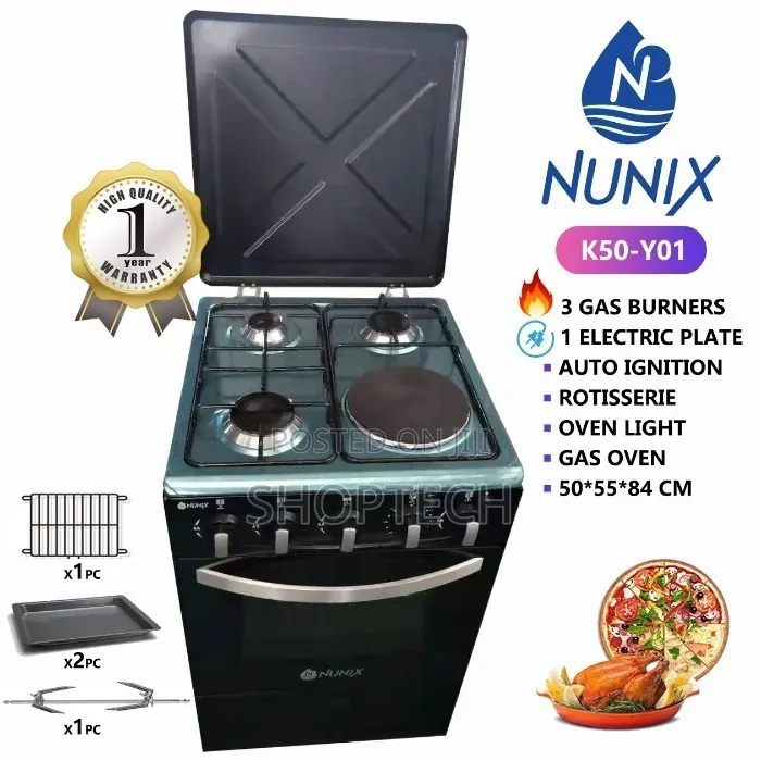 Nunix Cooker 3 Gas +1 Electric Plate Standing Cooker Plus Shelves