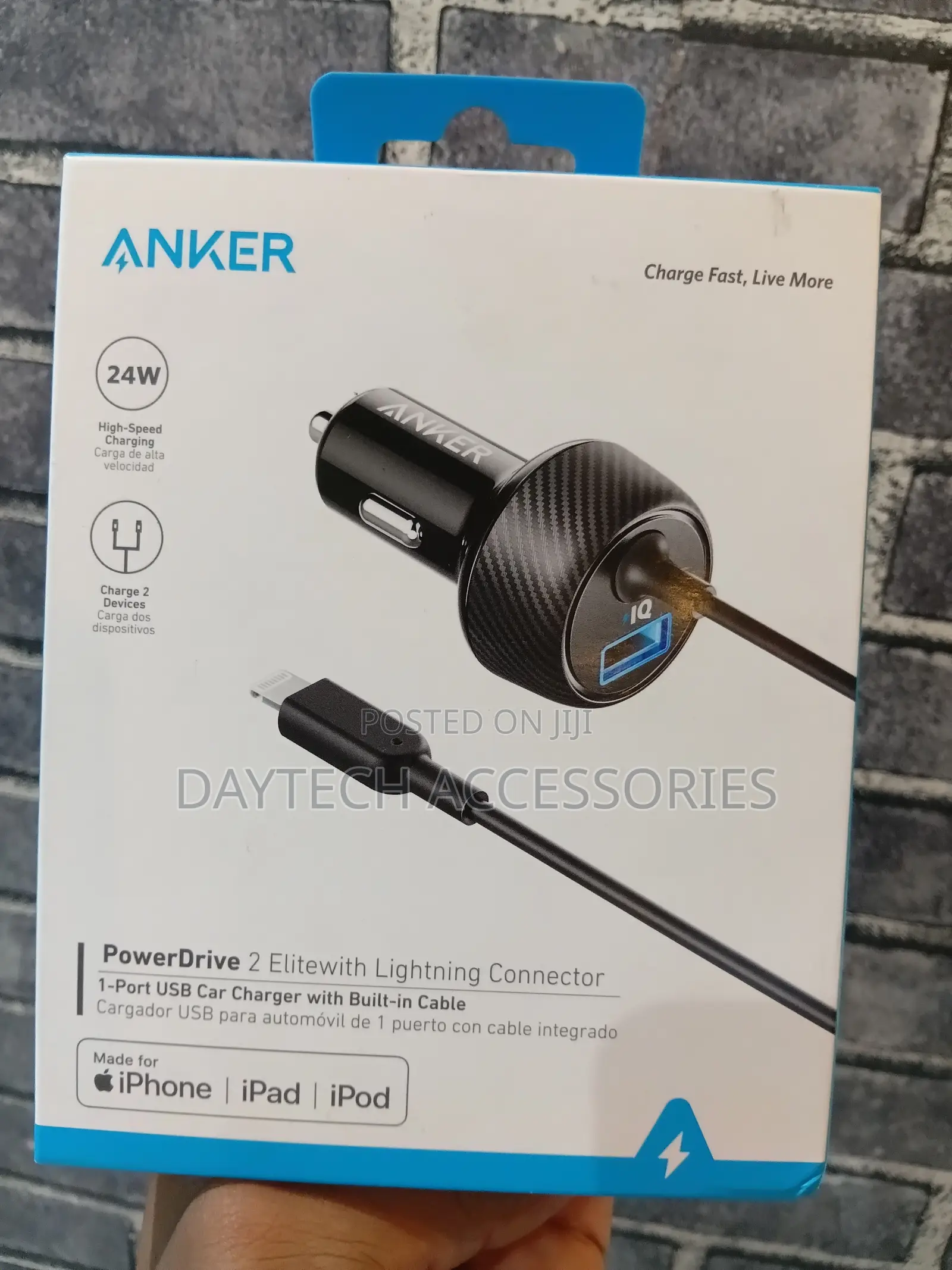 Anker Powerdrive 2 Elite Car Charger With Built-in Lightning Cable.