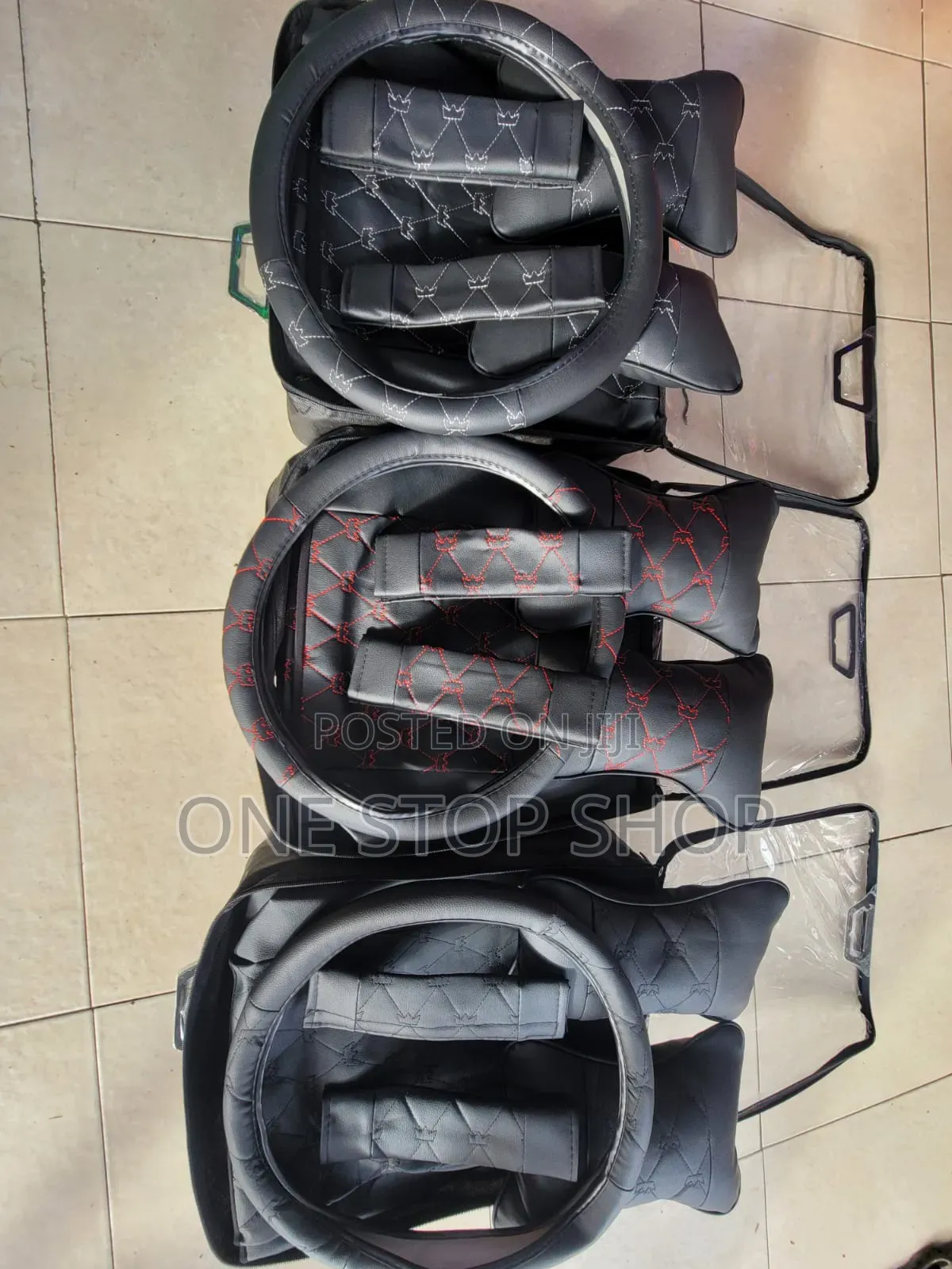 5 _ Seater Premium Leather Seat Cushions With Black,Red,White Stitches