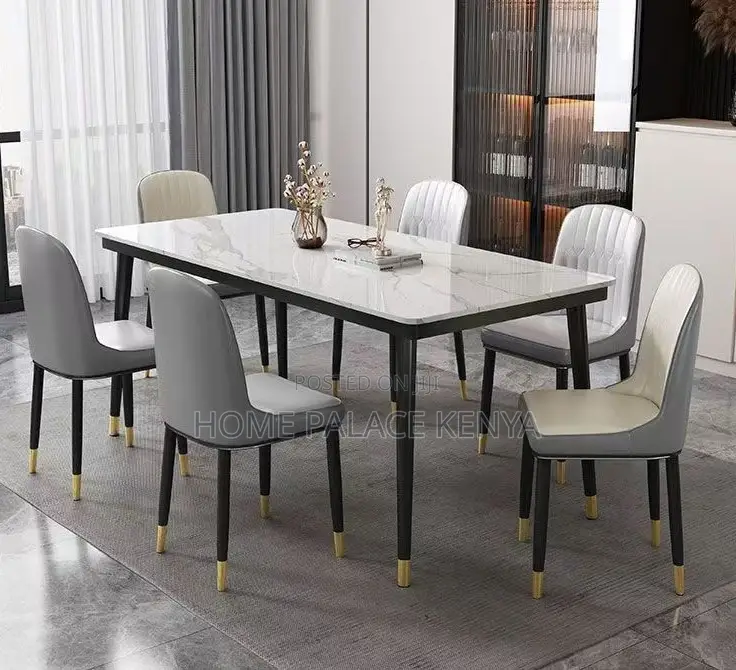 Dining Set: 6 Seater Scratch Resistant Marble Table and Leather Chairs