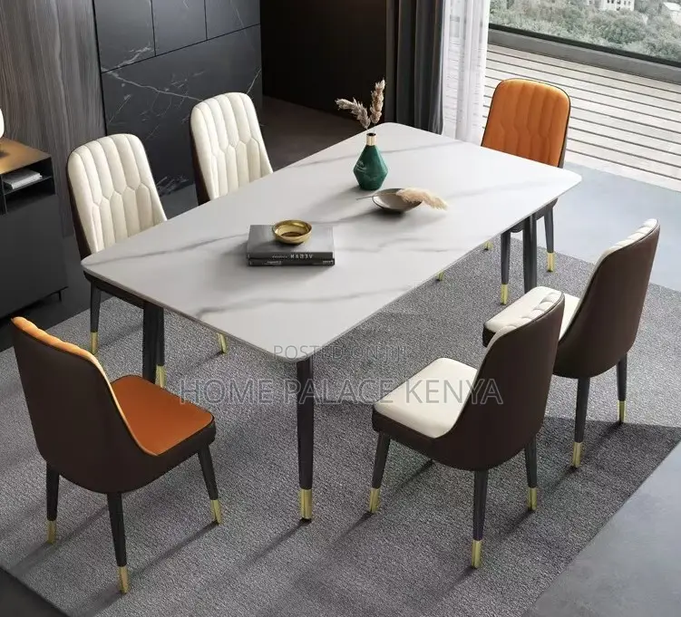 Dining Set: 6 Seater Scratch Resistant Marble Table and Leather Chairs