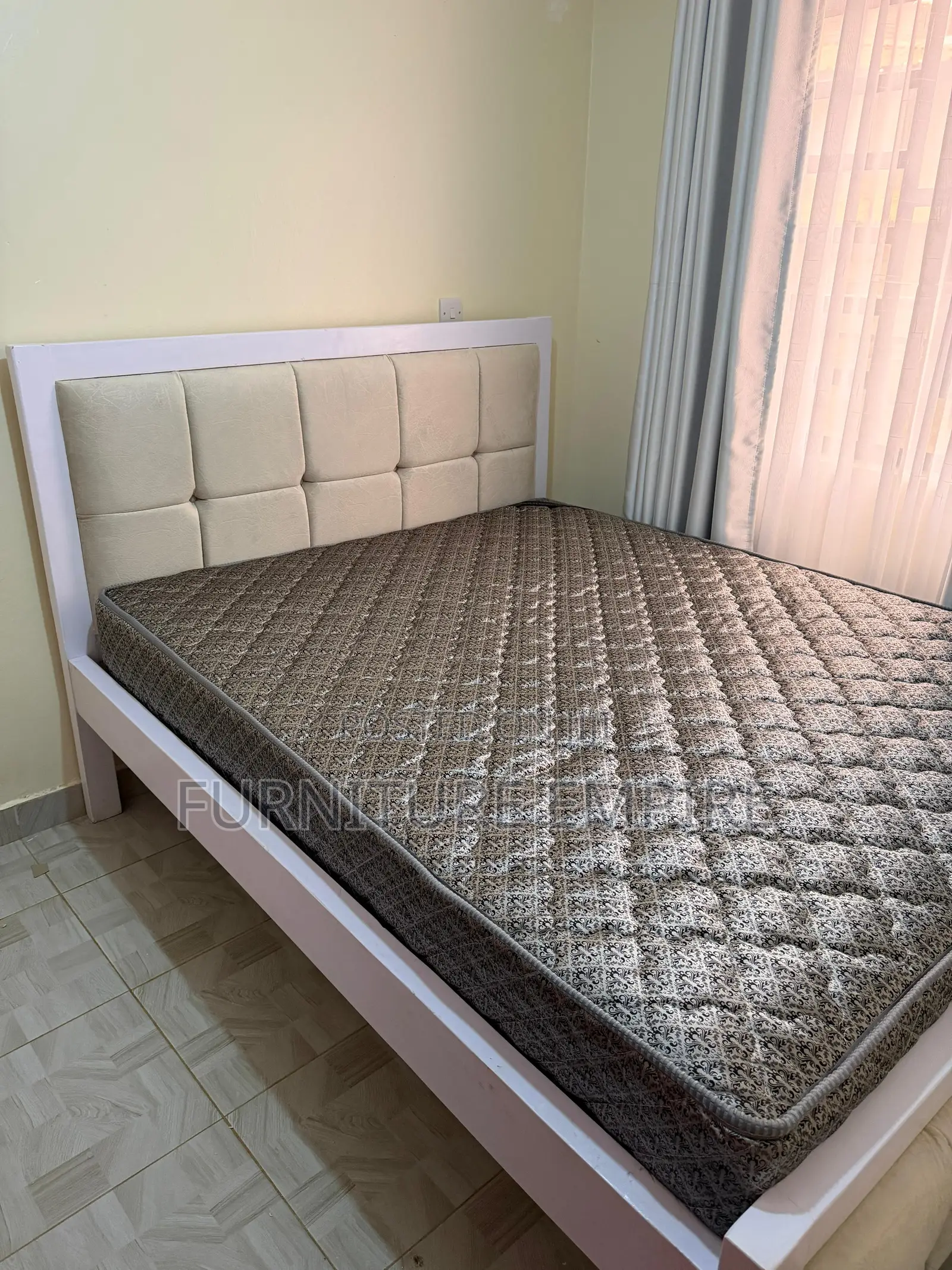 5 by 6 Mocket Bed White Frame With Beige Tufted Headboard