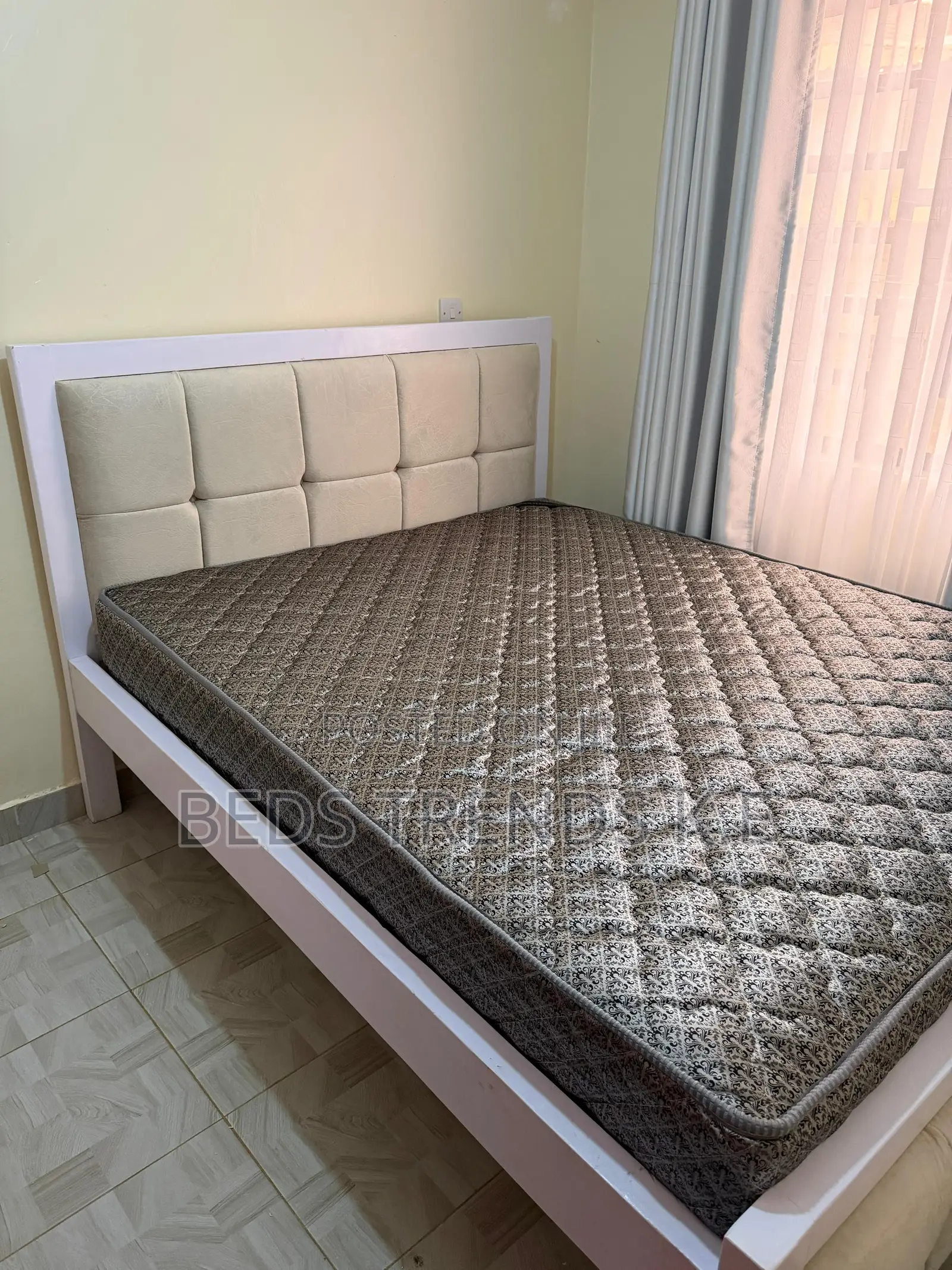 5 by 6 Mocket Bed White Frame With Beige Tufted Headboard