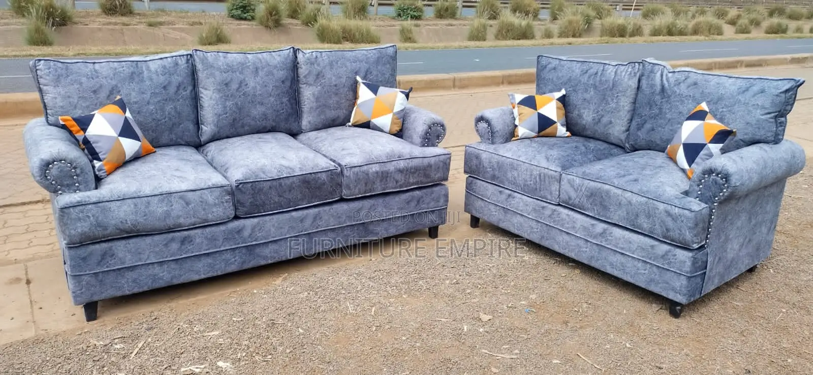 5-Seater 3-2 Sofa Set Grey Fabric With Studded Arms