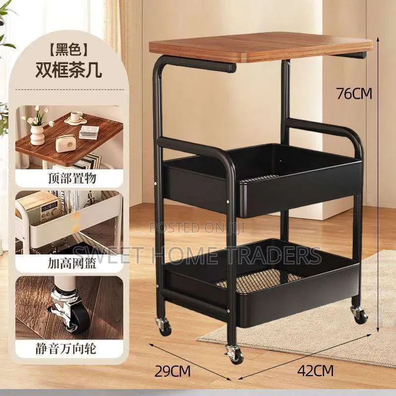 Wooden Top Double Mesh Trays Trolley Rack With Wheels