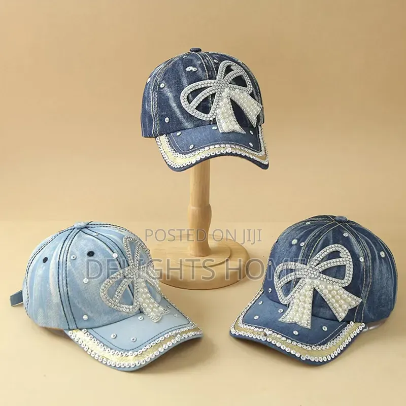 Bow Pearl Diamond Denim Baseball Cap,_st
