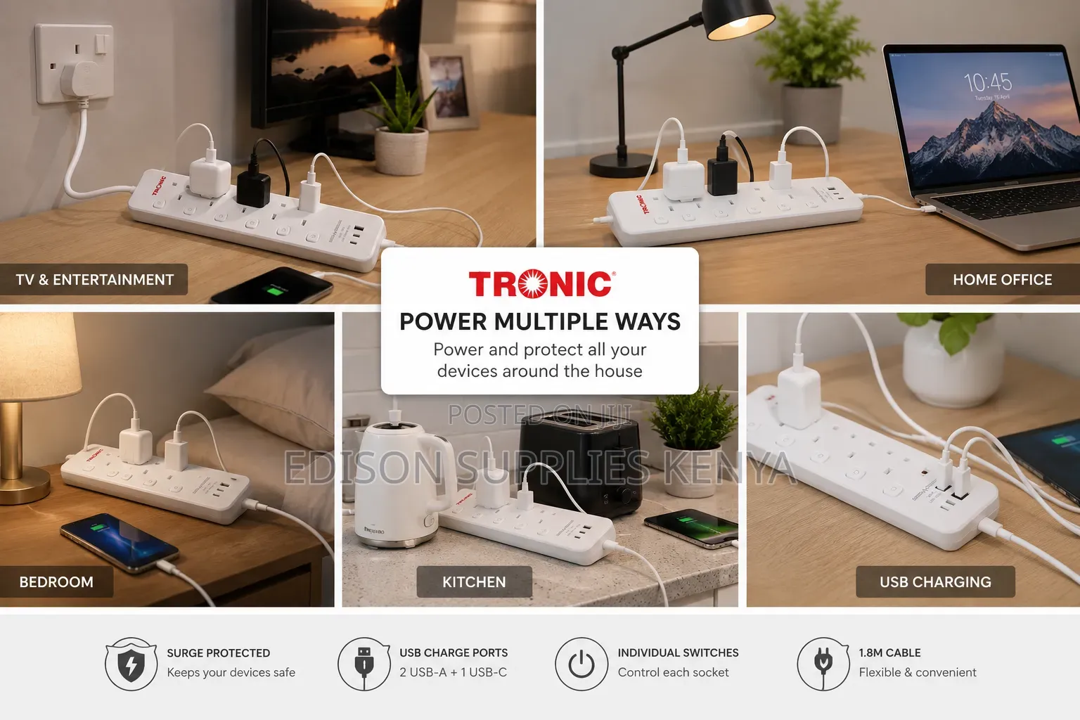Tronic Extension Cables 4way 3 Usb Surge Protector Power Socket Outlet