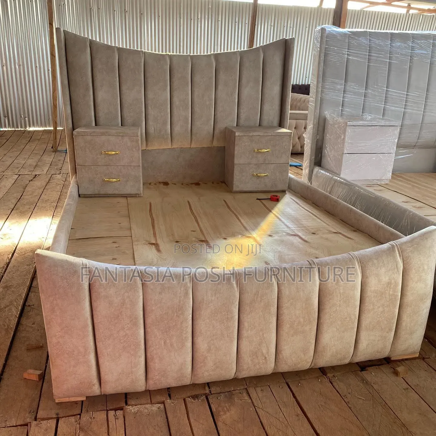 Beige Velvet Bed 5 by 6