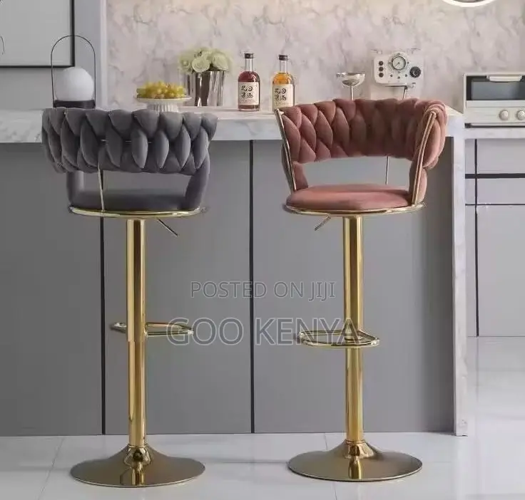 Kitchen High Chair; Gold Metal Bar Stool With Velvet Upholstery