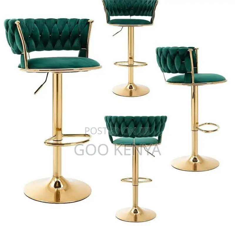 Kitchen High Chair; Gold Metal Bar Stool With Velvet Upholstery