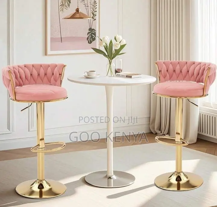 Kitchen High Chair; Gold Metal Bar Stool With Velvet Upholstery