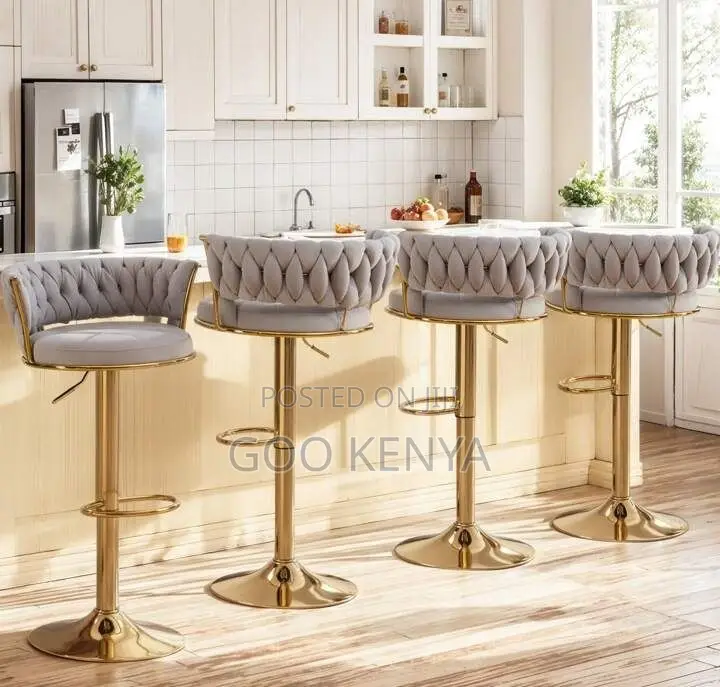 Kitchen High Chair; Gold Metal Bar Stool With Velvet Upholstery