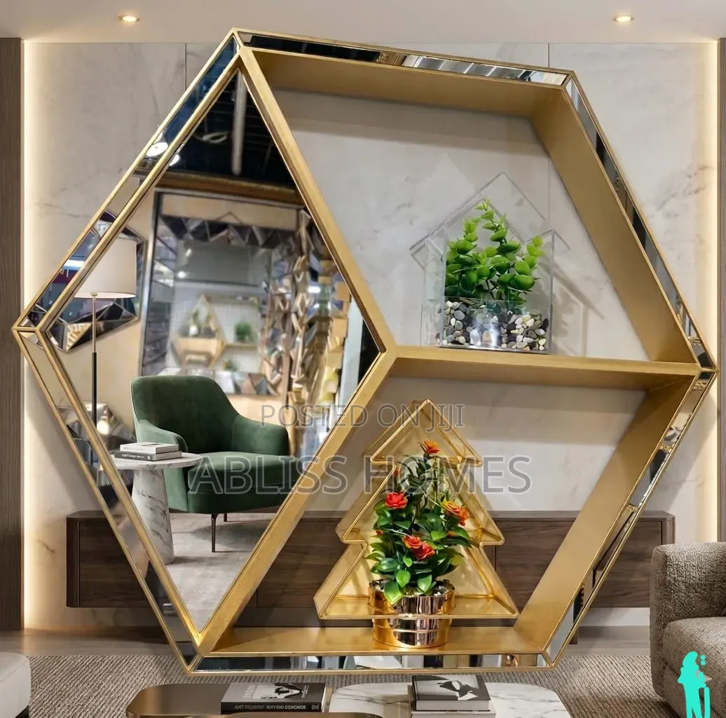 Luxury Gold Hexagon Wall Mirror With Display Shelves