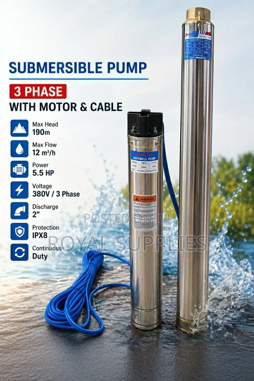 Premier 5.5hp 190m Submersible Water Pump 3 Phase