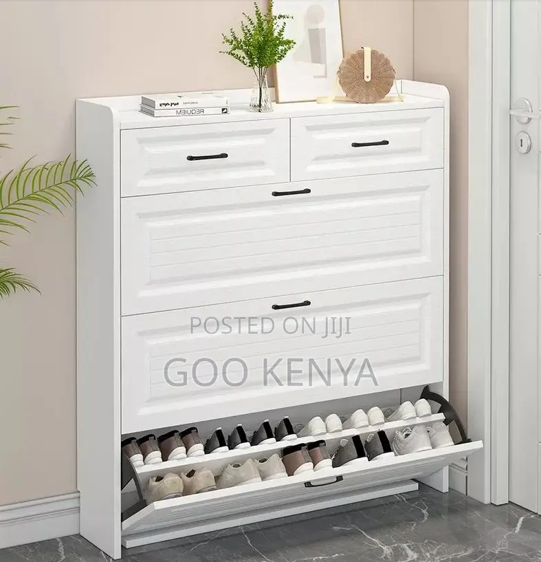 Shoe Rack ; High Capacity Flip Open Shoe Cabinet in Off White Finish