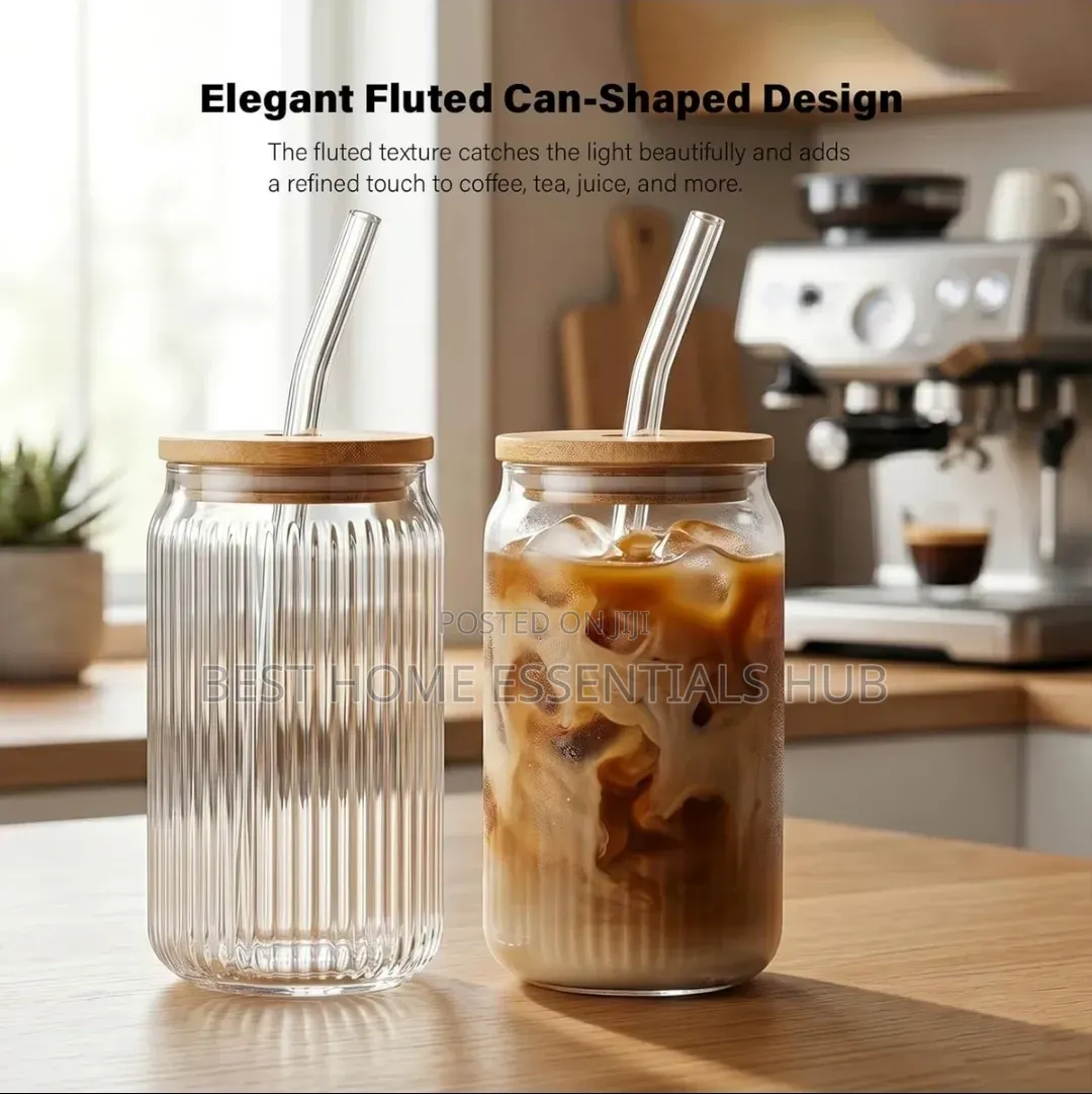 500ml Ribbed Borosilicate Glass Cup With Bamboo Lid