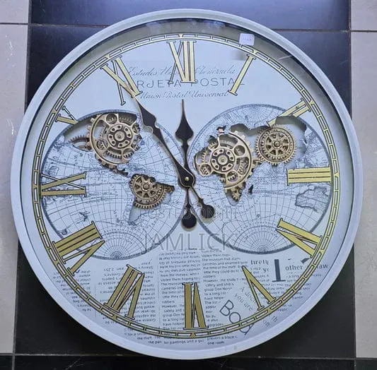 White World Map Vintage Gear Wall Clock –Gh