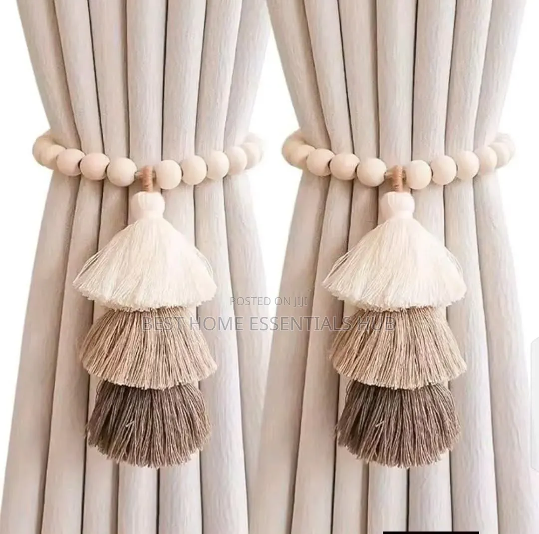Magnetic 2pc Curtain Tie Backs With Wooden Beads and Tassel