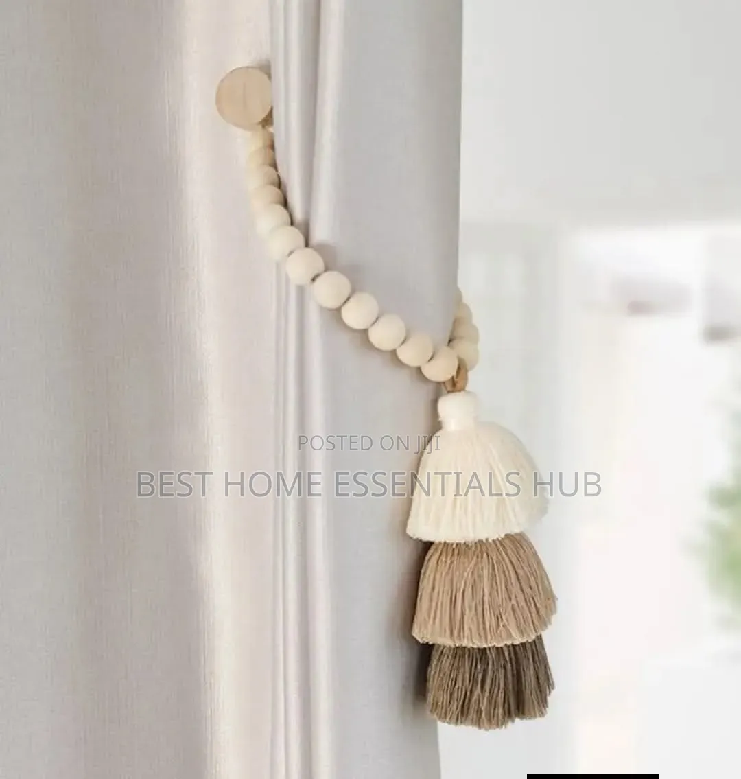 Magnetic 2pc Curtain Tie Backs With Wooden Beads and Tassel