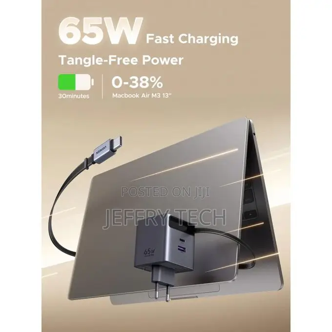 Ugreen Gan 65w Fast Charger Retractable Usb-C - Fast Charging for 3 De