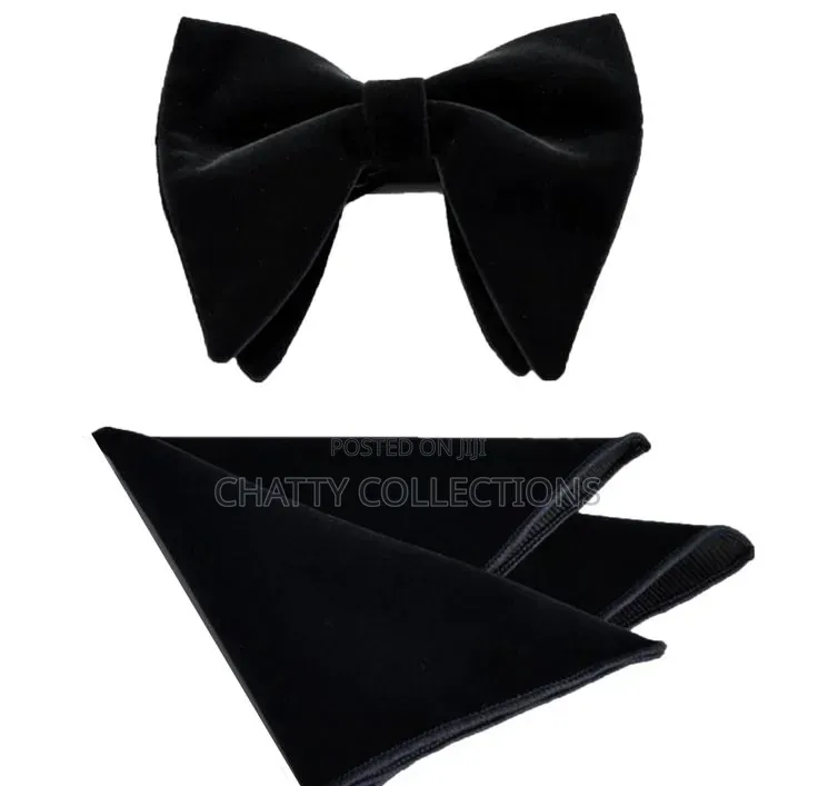 Black Velvet Unisex Bow Tie With Pockets Square