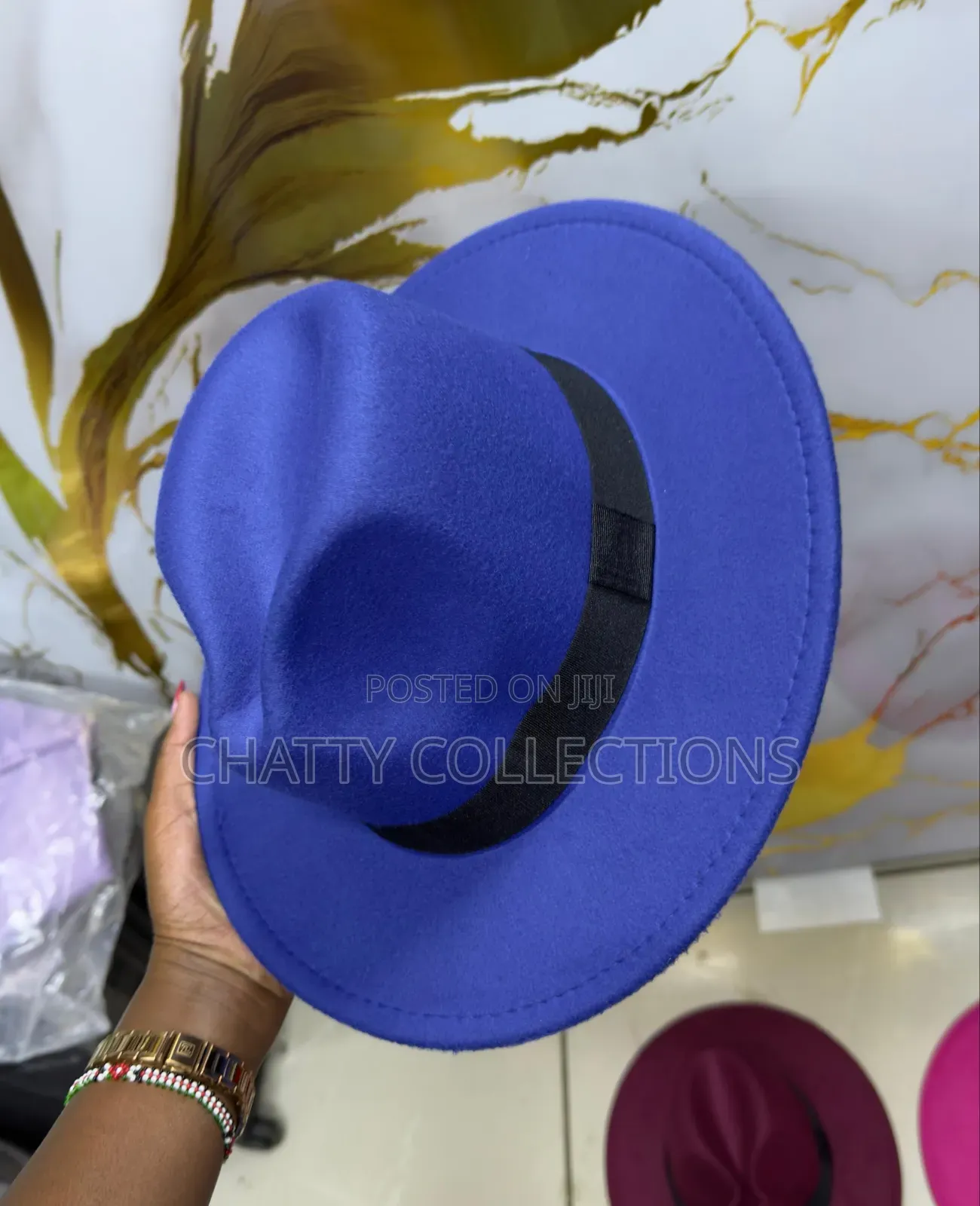 Light Blue Unisex Wide Brim Fedora Hats With Black Ribbon
