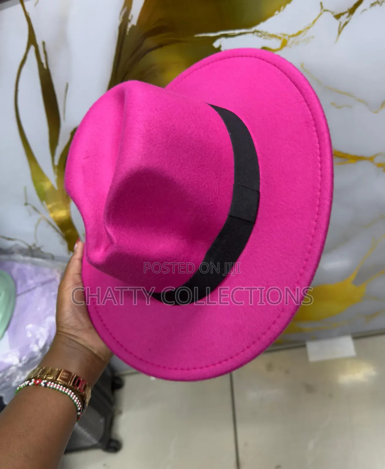 Pink Unisex Wide Brim Fedora Hats With Black Ribbon