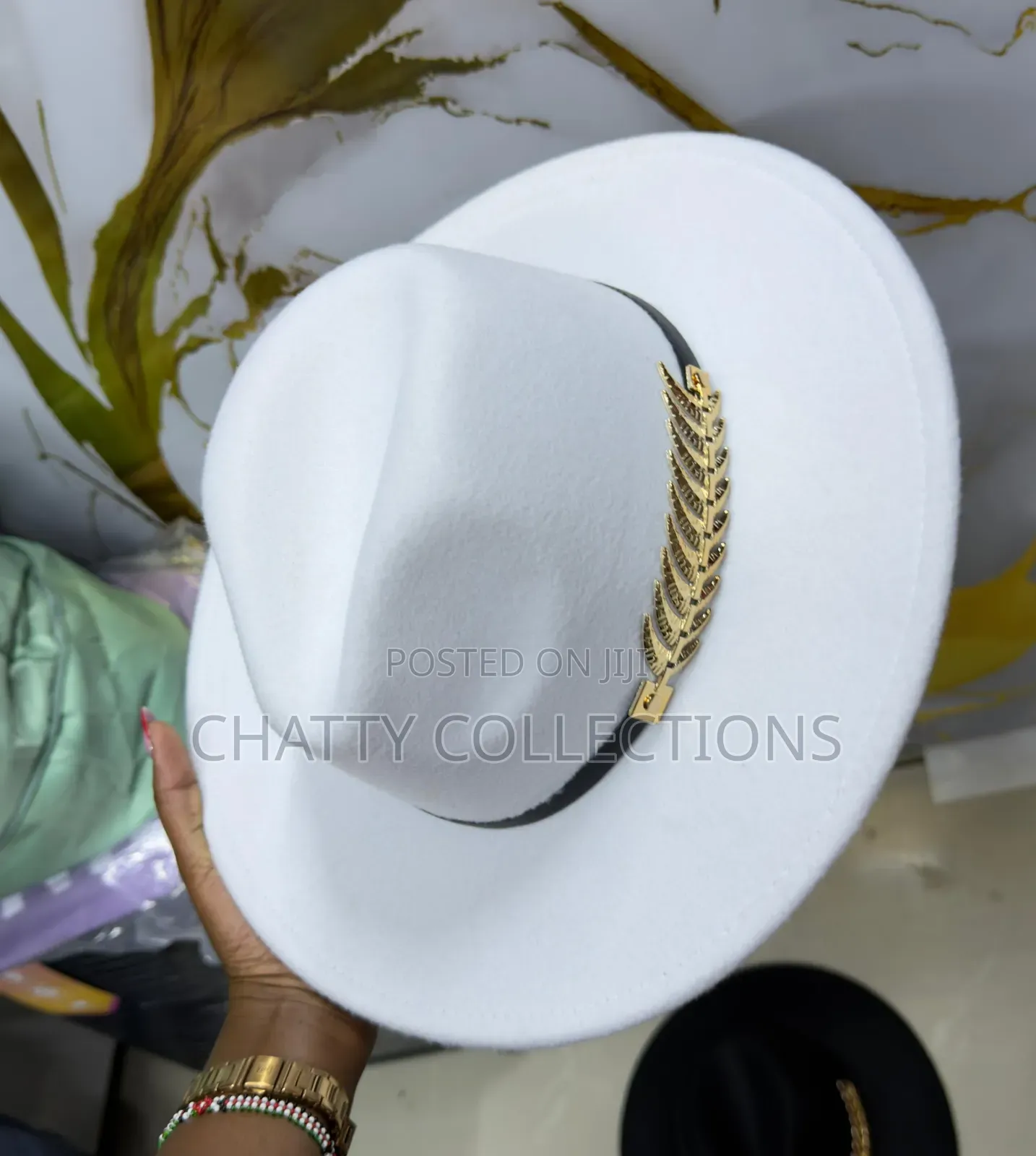 White Unisex Wide Brim Fedora Hats With Black And Gold Ribbon
