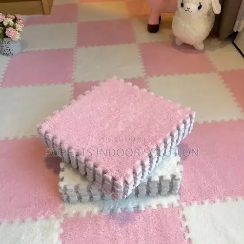 Premium Pink and White Plush Interlocking Floor Mats