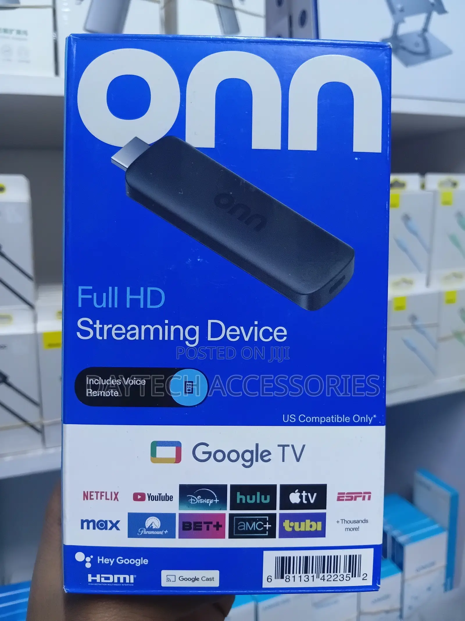 Onn Android Tv FHD Streaming Stick With Remote Control Power Adapter