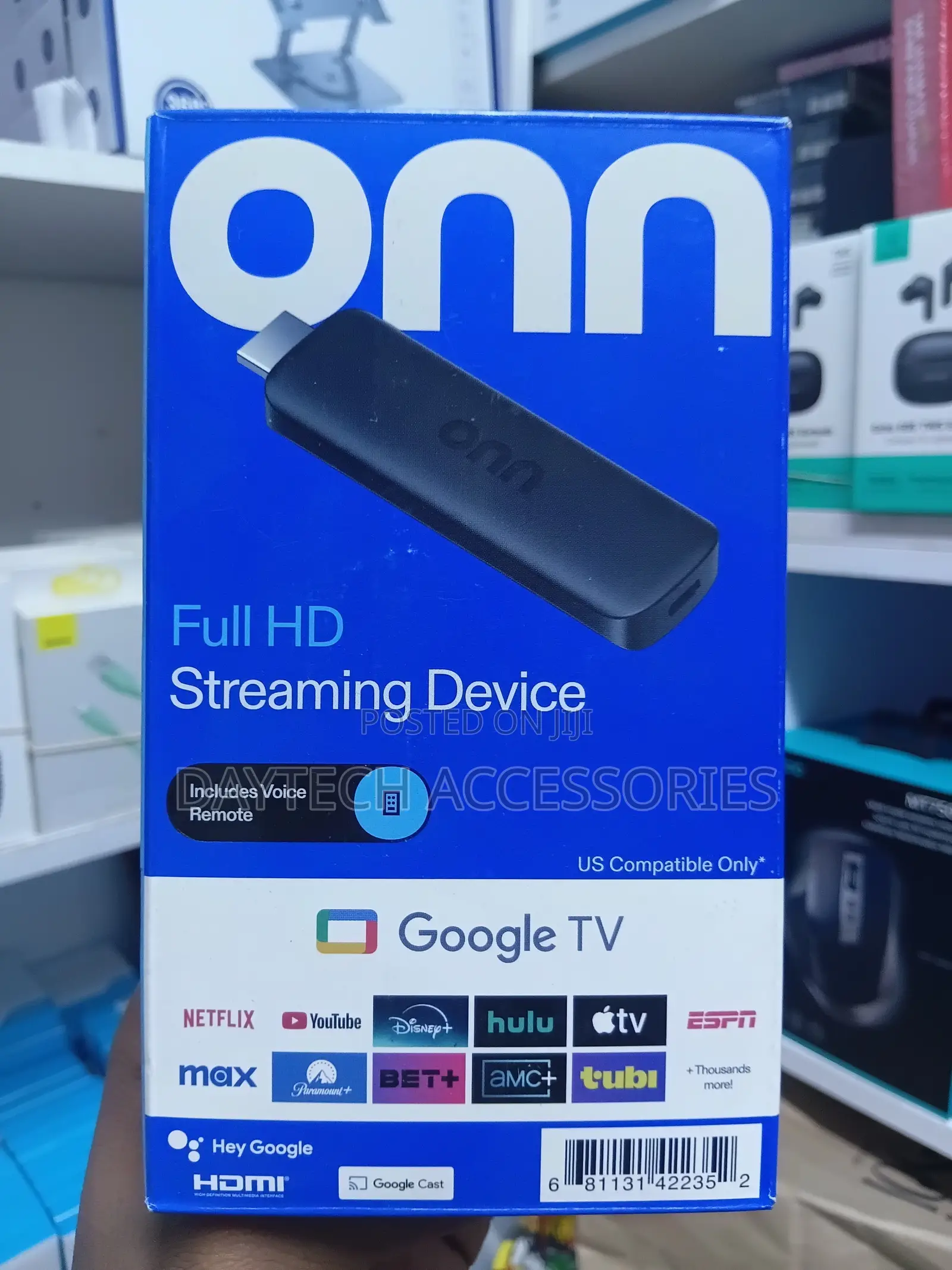Onn Android Tv FHD Streaming Stick With Remote Control Power Adapter