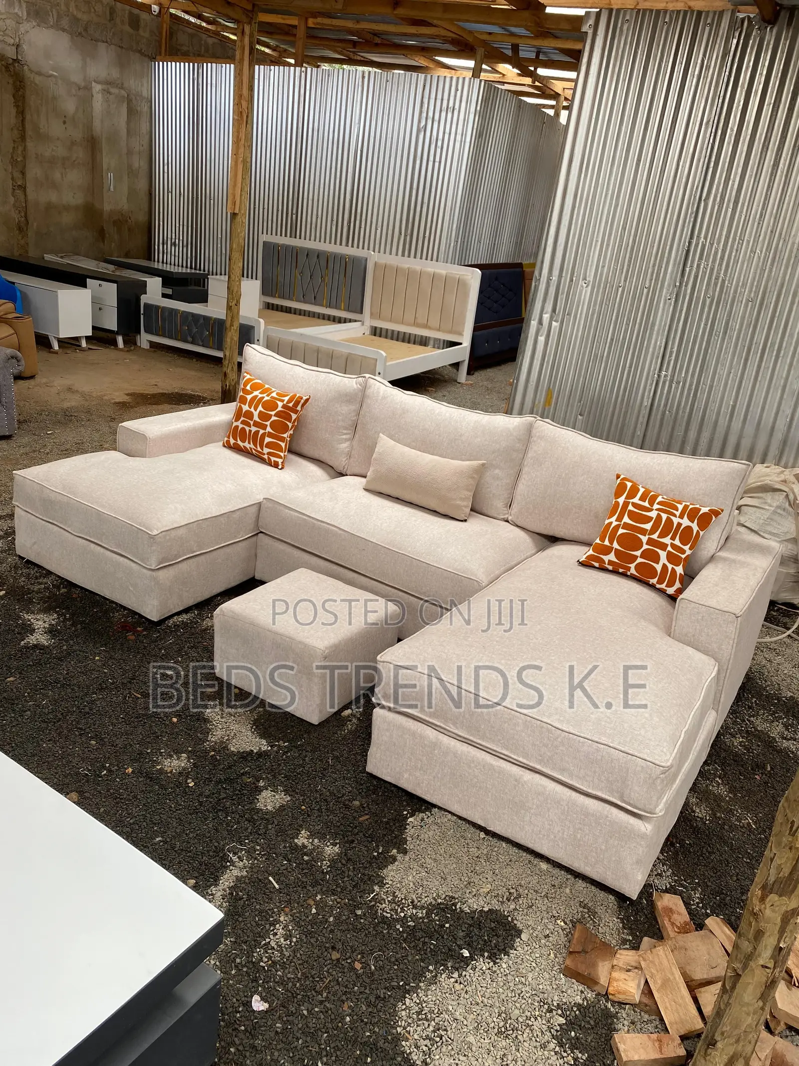 6 Seater L-Shaped Beige Sofa With Footrest