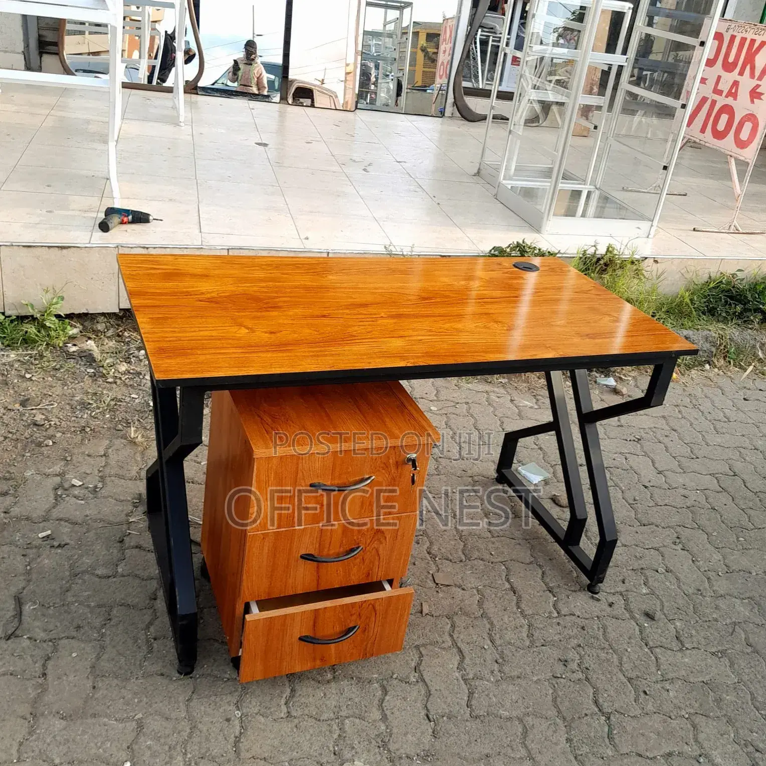 Metallic Office Table With Storage Drawer Cabinet