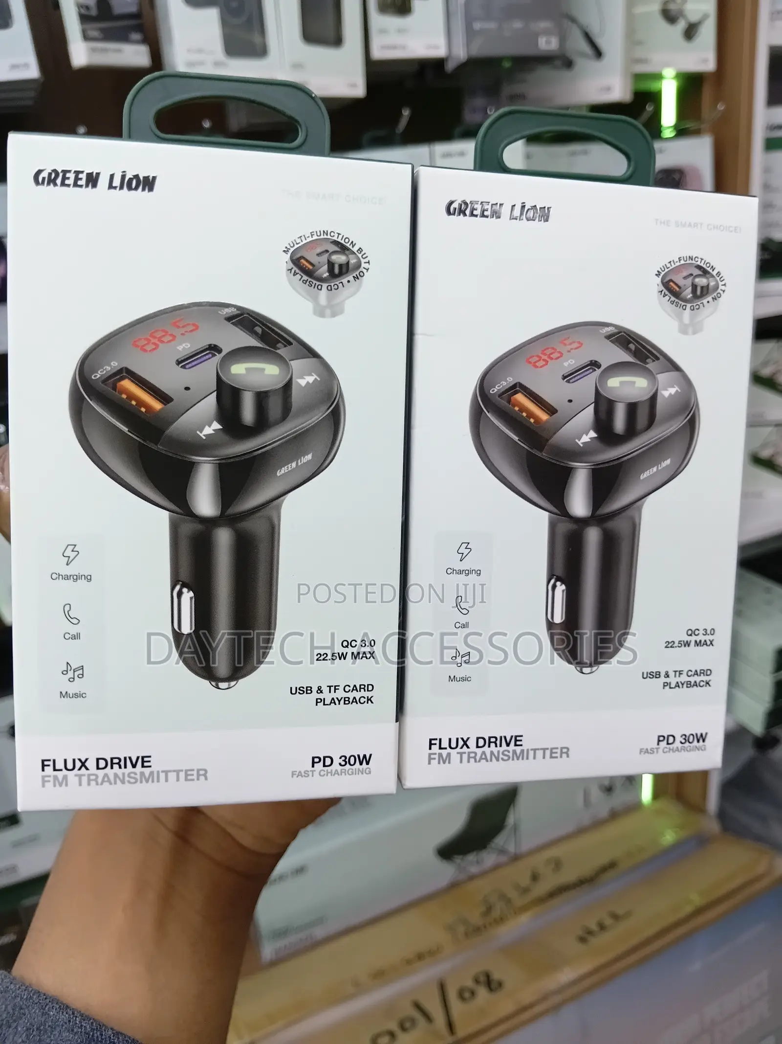 Green Lion Flux Drive Fm Transmitter for Cars Pd 30w Fast Charging.